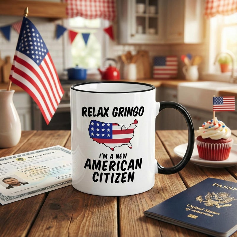 Casitika US Citizenship Gifts. Relax Gringo I'm a New American Citizen Immigrant Mug. Gift idea for Mexicans Latinos or Immigrants Becoming USA Citizens. (11 oz Black Handle/Rim) - Image 4